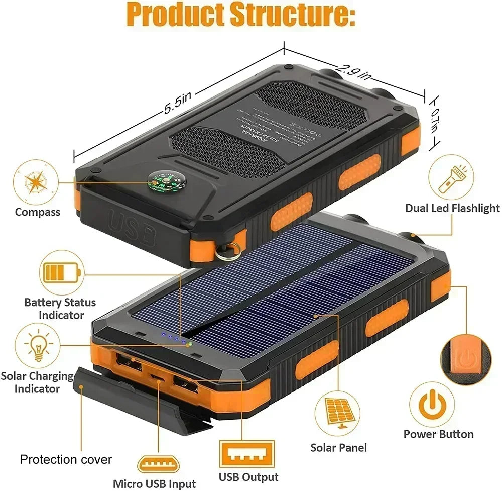 Solar Power Bank Waterproof Large Capacity Powerbank Fast Charging External Battery with SOS for Iphone Samsung Xiaomi