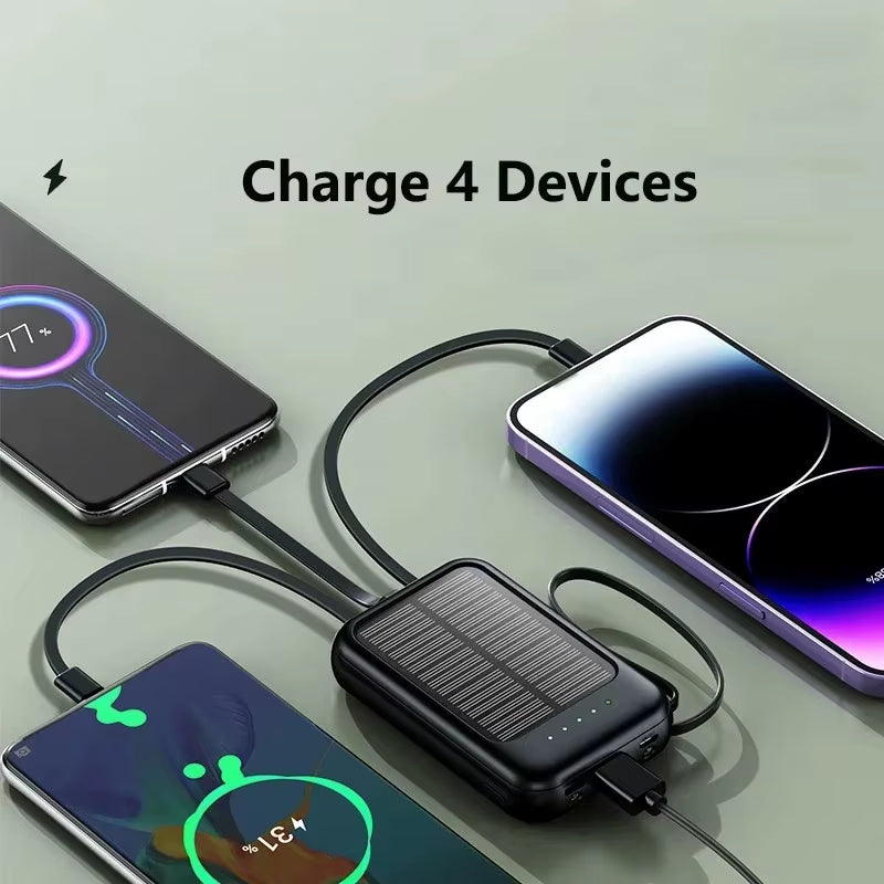 50000Mah High Capacity Solar Power Bank Built 4 Cables Fast Charger 2 USB Ports Portable External Powerbank LED Light Powerbank
