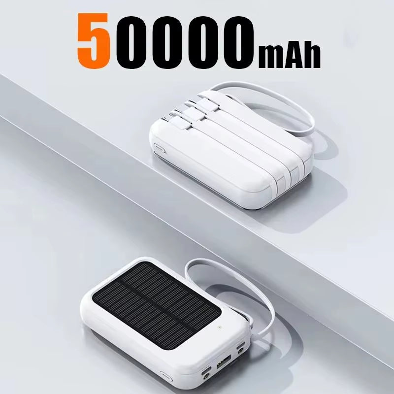 50000Mah High Capacity Solar Power Bank Built 4 Cables Fast Charger 2 USB Ports Portable External Powerbank LED Light Powerbank