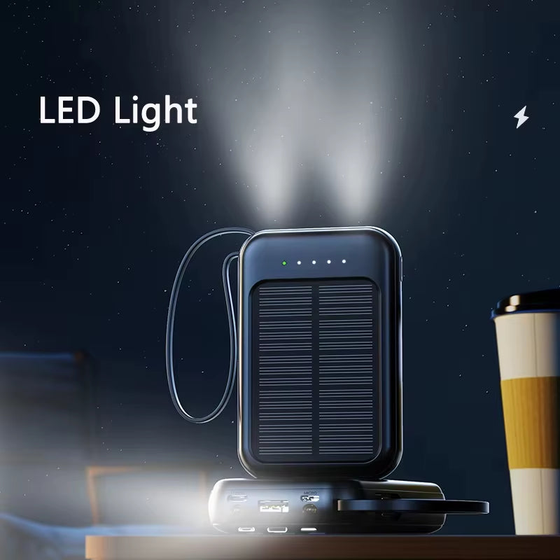50000Mah High Capacity Solar Power Bank Built 4 Cables Fast Charger 2 USB Ports Portable External Powerbank LED Light Powerbank