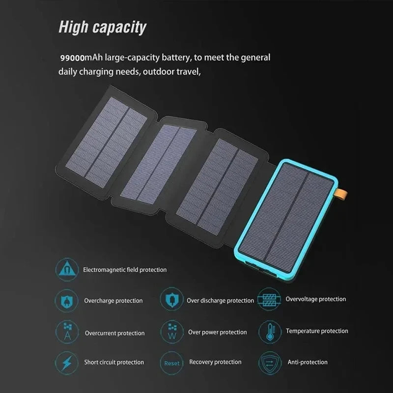 200000Mah Solar Powerbank Portable Folding Solar Panel USB Output Fast Charging Outdoor Camping Waterproof Sun Powerbank