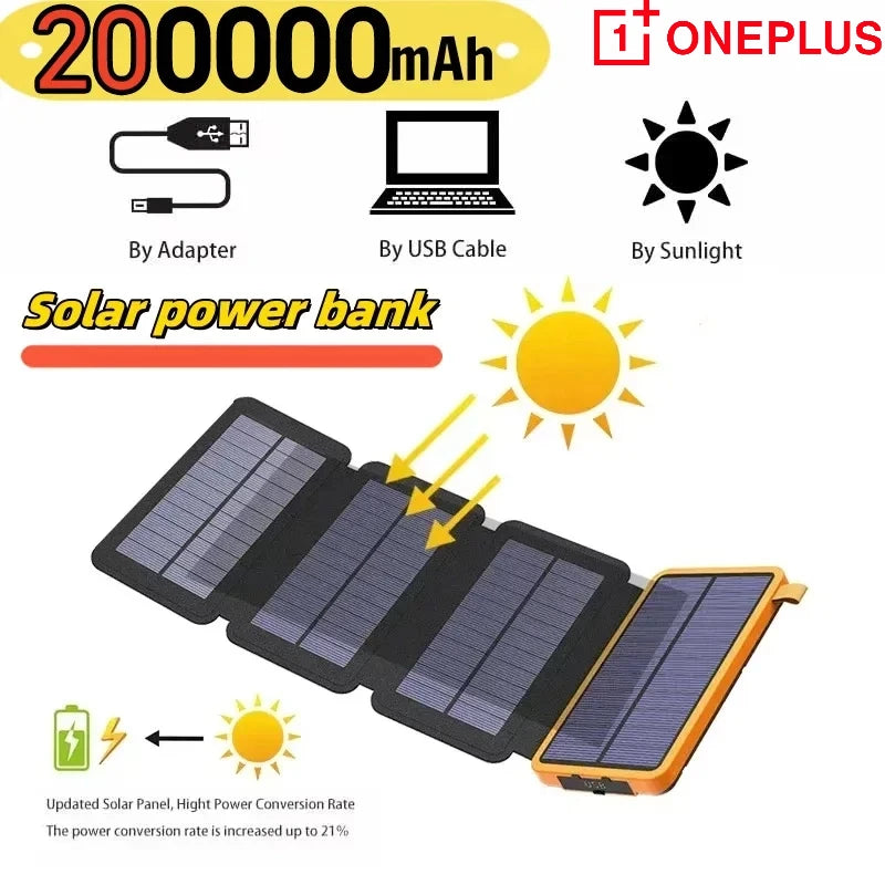 200000Mah Solar Powerbank Portable Folding Solar Panel USB Output Fast Charging Outdoor Camping Waterproof Sun Powerbank