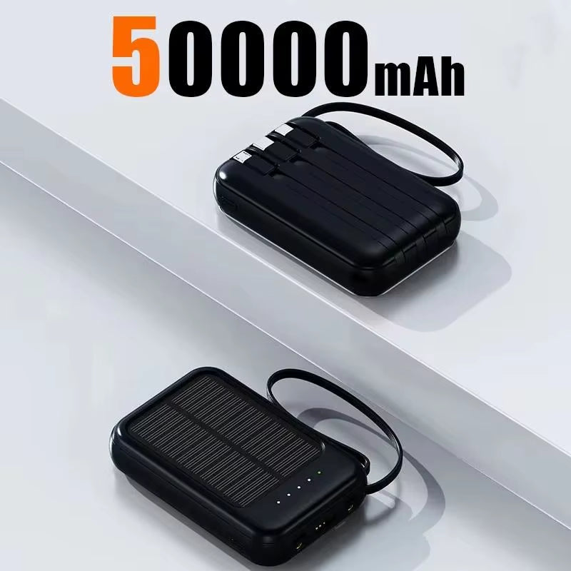 50000Mah High Capacity Solar Power Bank Built 4 Cables Fast Charger 2 USB Ports Portable External Powerbank LED Light Powerbank