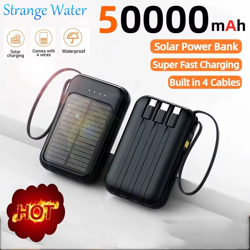 50000Mah High Capacity Solar Power Bank Built 4 Cables Fast Charger 2 USB Ports Portable External Powerbank LED Light Powerbank