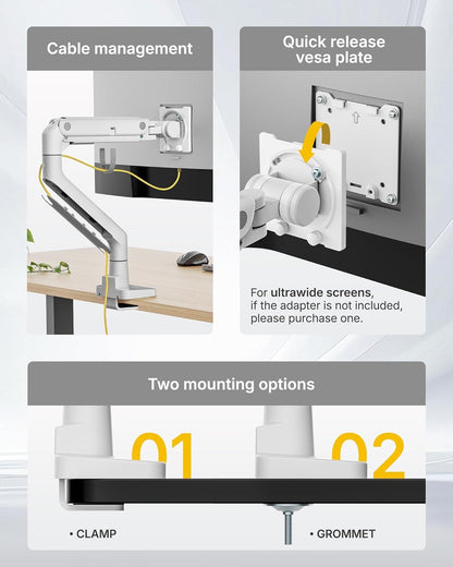 Premium Heavy-Duty Monitor Arm for 17-57" Ultrawide Curved Screens - Adjustable Gas Spring Arm with 75/100 VESA Mount, C Clamp & Grommet Desk Mount, Supports Up to 59.4 lbs, Elegant White Finish