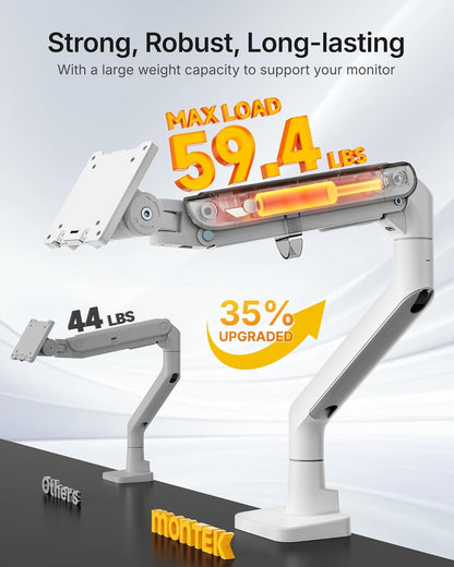 Premium Heavy-Duty Monitor Arm for 17-57" Ultrawide Curved Screens - Adjustable Gas Spring Arm with 75/100 VESA Mount, C Clamp & Grommet Desk Mount, Supports Up to 59.4 lbs, Elegant White Finish
