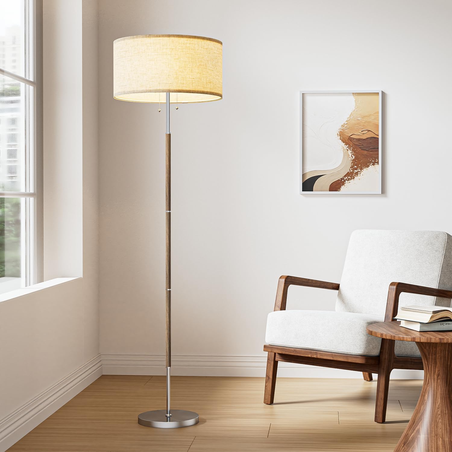 2-Light Floor Lamp, Mid Century Floor Lamp with White Fabric Shade, Standing Lamp Tall Lamp for Living Room Bedroom, 3 Color Temperatures 9W Bulb Include
