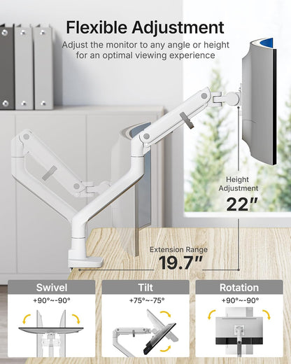 Premium Heavy-Duty Monitor Arm for 17-57" Ultrawide Curved Screens - Adjustable Gas Spring Arm with 75/100 VESA Mount, C Clamp & Grommet Desk Mount, Supports Up to 59.4 lbs, Elegant White Finish