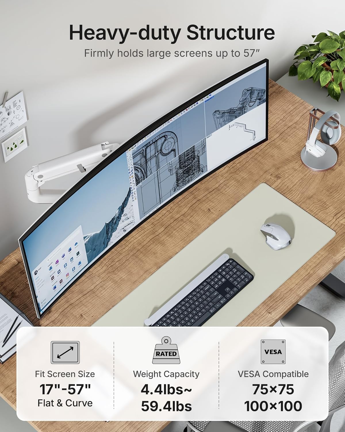 Premium Heavy-Duty Monitor Arm for 17-57" Ultrawide Curved Screens - Adjustable Gas Spring Arm with 75/100 VESA Mount, C Clamp & Grommet Desk Mount, Supports Up to 59.4 lbs, Elegant White Finish