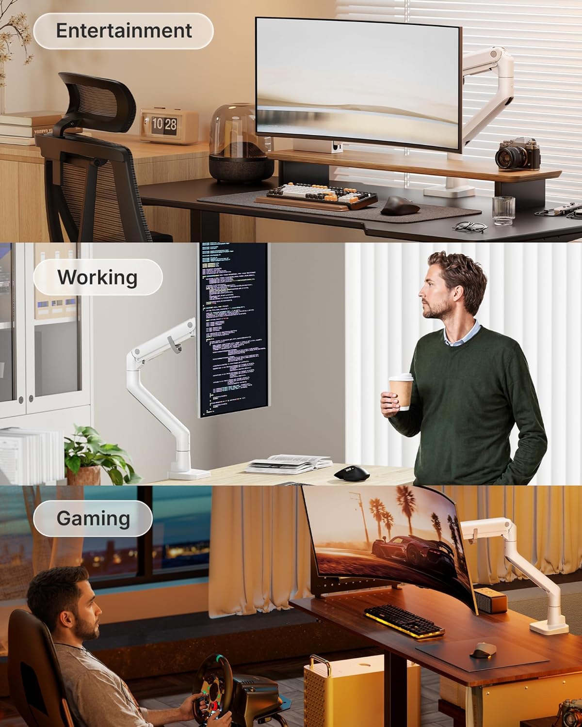 Premium Heavy-Duty Monitor Arm for 17-57" Ultrawide Curved Screens - Adjustable Gas Spring Arm with 75/100 VESA Mount, C Clamp & Grommet Desk Mount, Supports Up to 59.4 lbs, Elegant White Finish