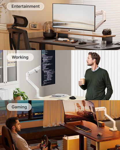 Premium Heavy-Duty Monitor Arm for 17-57" Ultrawide Curved Screens - Adjustable Gas Spring Arm with 75/100 VESA Mount, C Clamp & Grommet Desk Mount, Supports Up to 59.4 lbs, Elegant White Finish