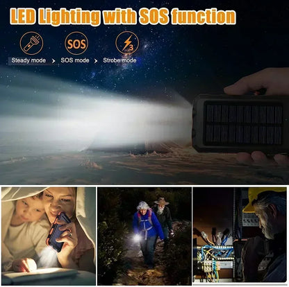 Solar Power Bank Waterproof Large Capacity Powerbank Fast Charging External Battery with SOS for Iphone Samsung Xiaomi